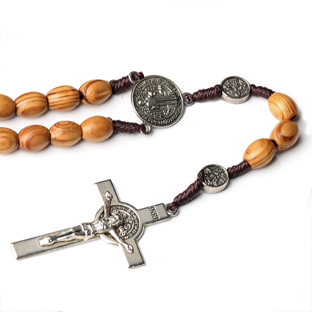 Chapelet en bois d’olivier naturel avec crucifix de saint Benoît