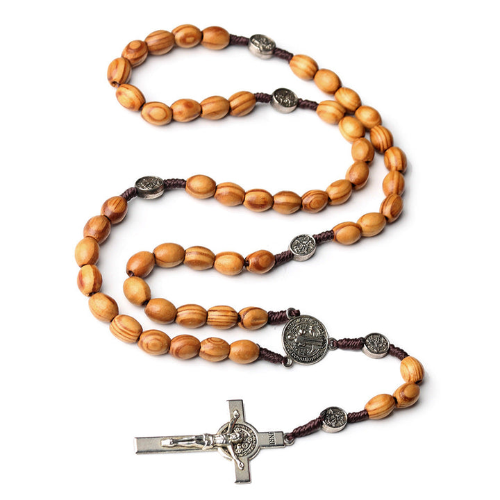 Chapelet en bois d’olivier naturel avec crucifix de saint Benoît