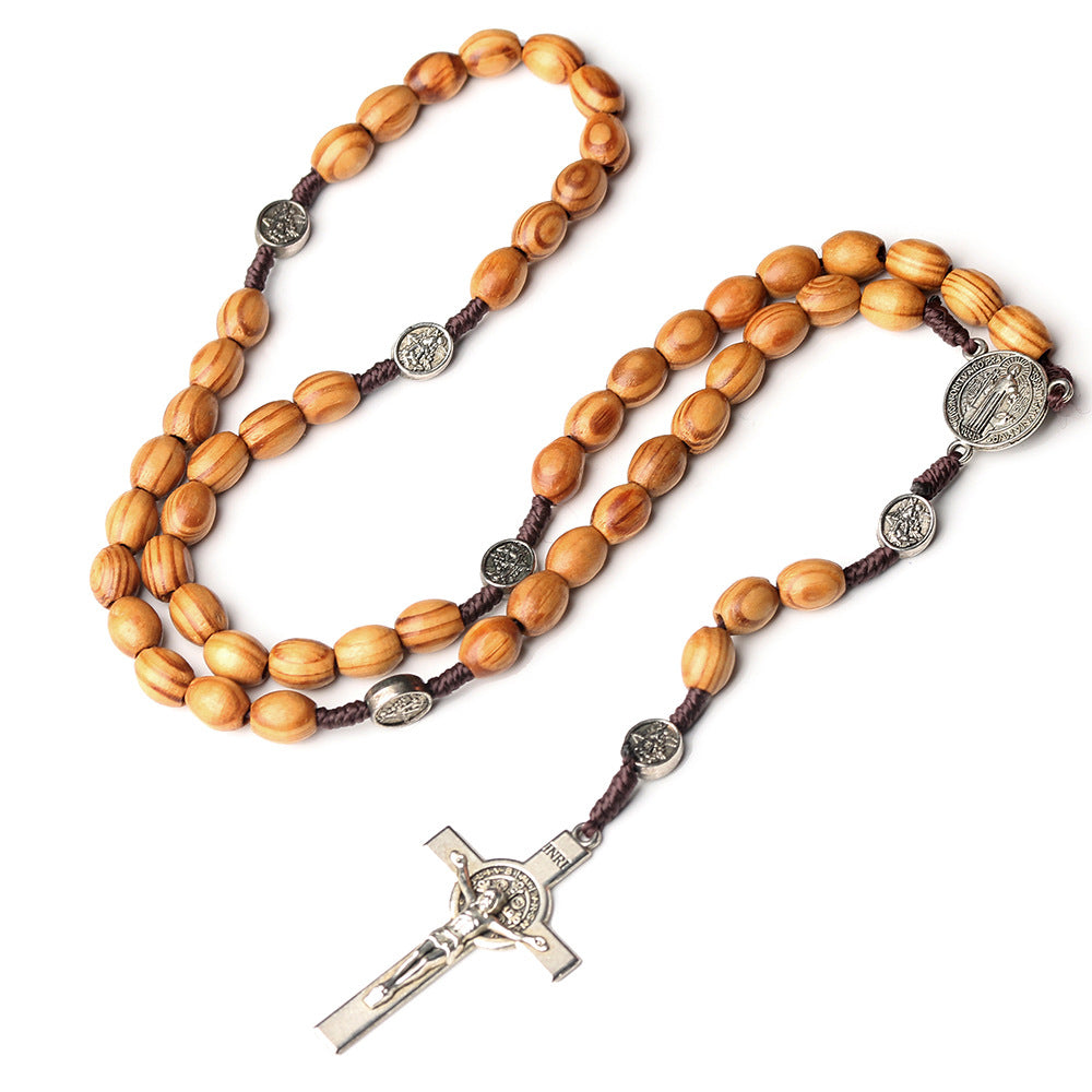 Chapelet en bois d’olivier naturel avec crucifix de saint Benoît