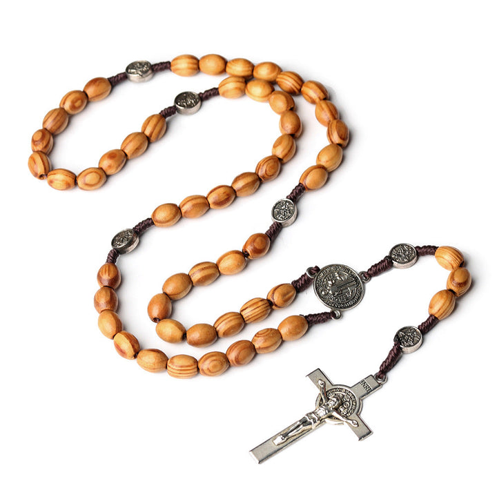 Chapelet en bois d’olivier naturel avec crucifix de saint Benoît