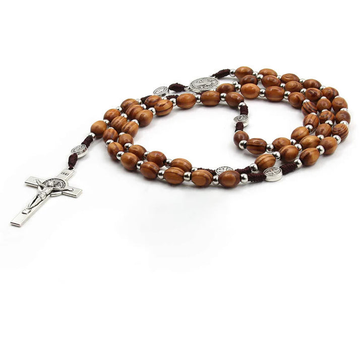Chapelet en bois d’olivier naturel avec crucifix de saint Benoît