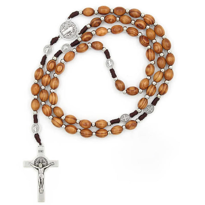 Chapelet en bois d’olivier naturel avec crucifix de saint Benoît