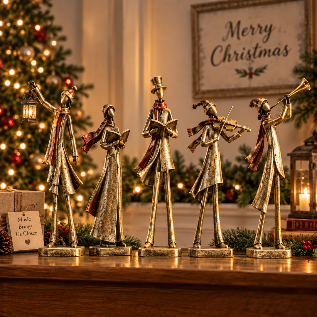 🎶 Choristes du Réveillon de Noël – Ensemble de 5 Figurines de Noël Dorées Vintage