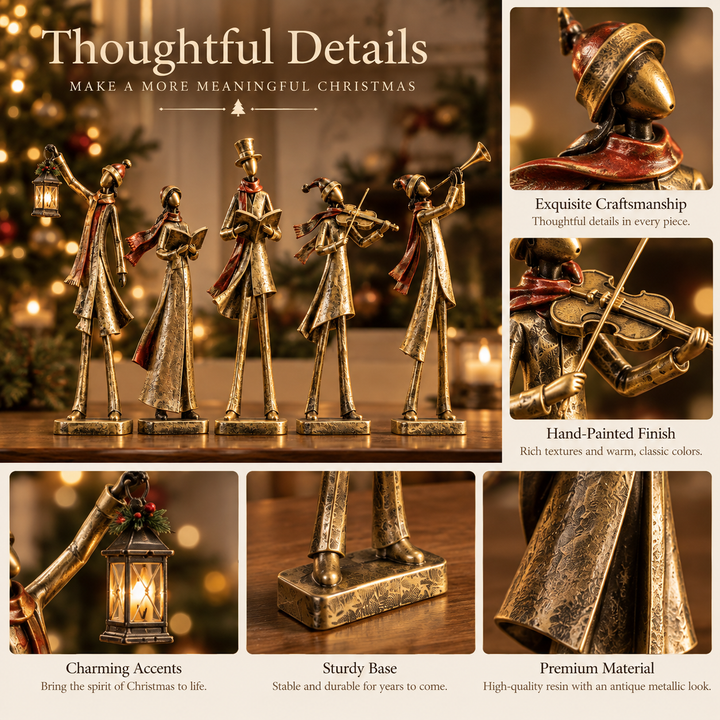 🎶 Choristes du Réveillon de Noël – Ensemble de 5 Figurines de Noël Dorées Vintage