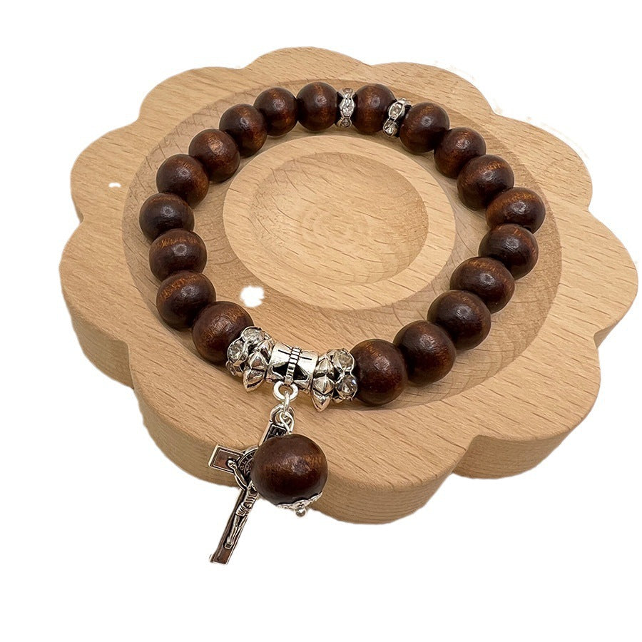 Bracelet chrétien fait main en perles de bois avec croix de Jésus