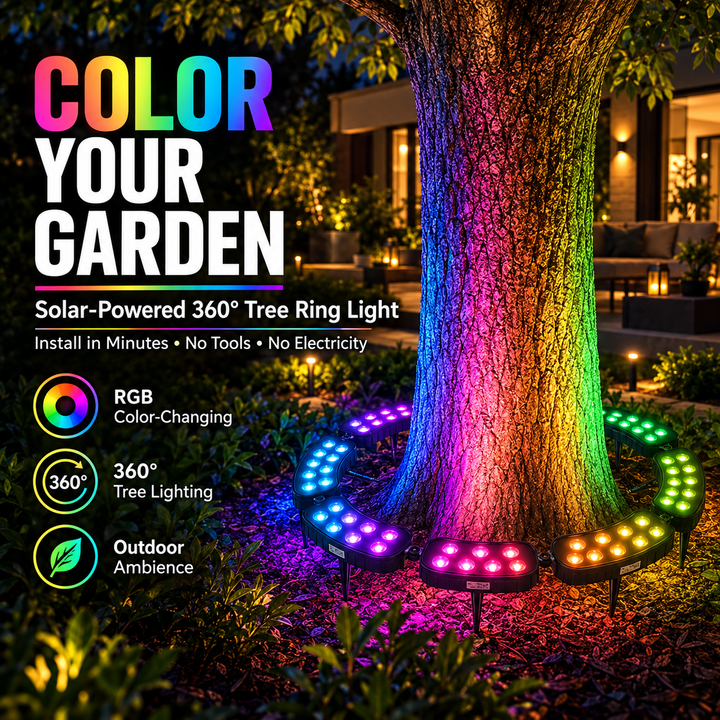 💜💙💚 Un arbre. Des couleurs infinies. – Anneau lumineux solaire RGB pour jardin