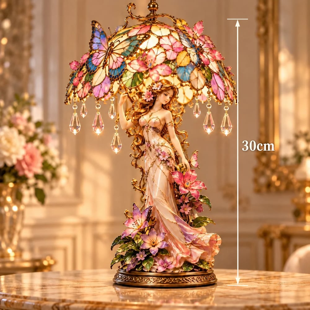 Lampe « Dame au jardin enchanté de papillons » – Sculpture florale lumineuse