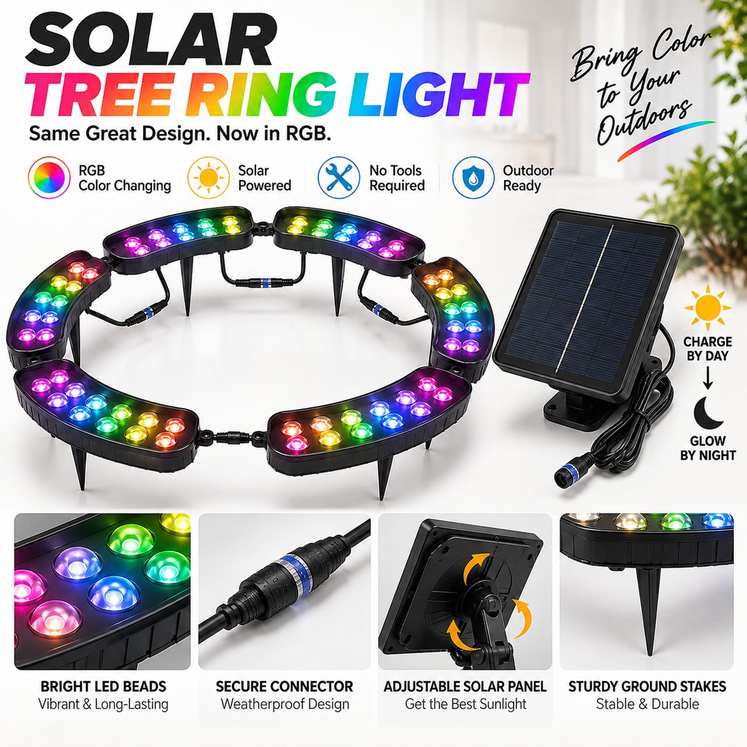 💜💙💚 Un arbre. Des couleurs infinies. – Anneau lumineux solaire RGB pour jardin