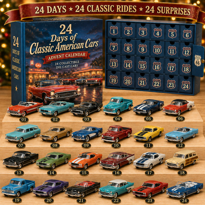 🚗 Calendrier de l’Avent Voitures Américaines Classiques – 24 Miniatures Vintage 🎄