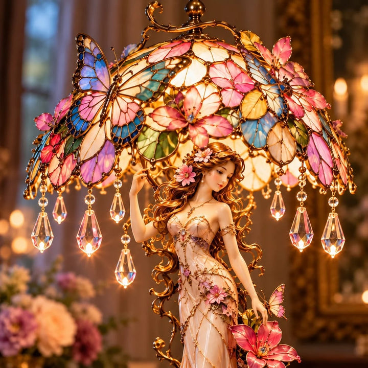 Lampe « Dame au jardin enchanté de papillons » – Sculpture florale lumineuse