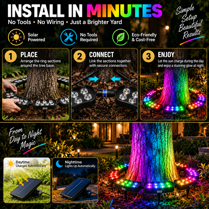 💜💙💚 Un arbre. Des couleurs infinies. – Anneau lumineux solaire RGB pour jardin