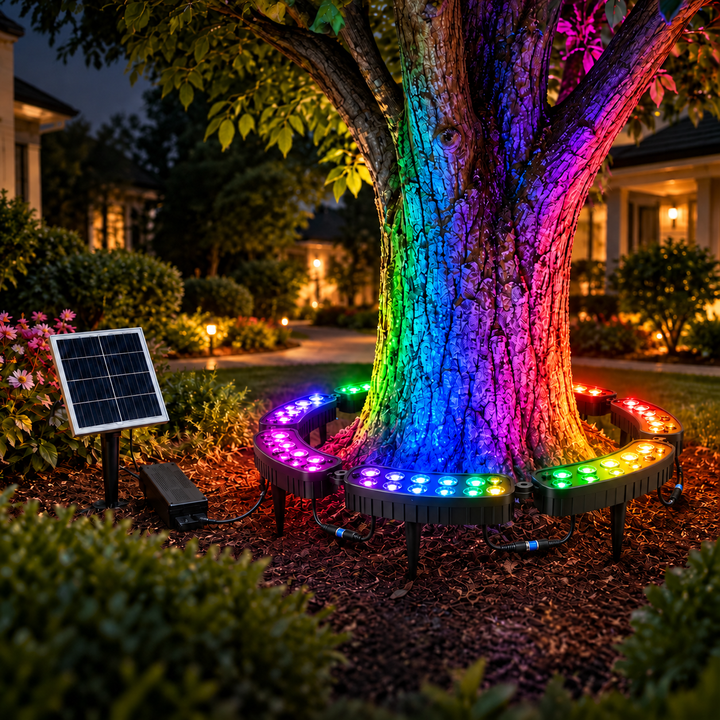 💜💙💚 Un arbre. Des couleurs infinies. – Anneau lumineux solaire RGB pour jardin