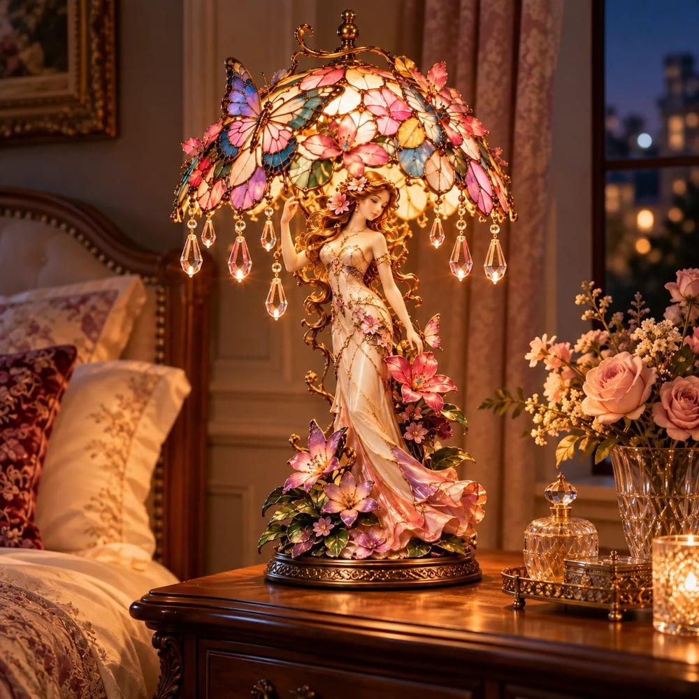 Lampe « Dame au jardin enchanté de papillons » – Sculpture florale lumineuse