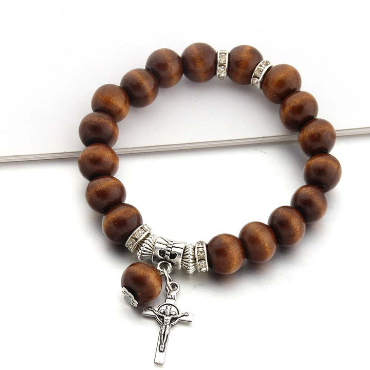 Bracelet chrétien fait main en perles de bois avec croix de Jésus