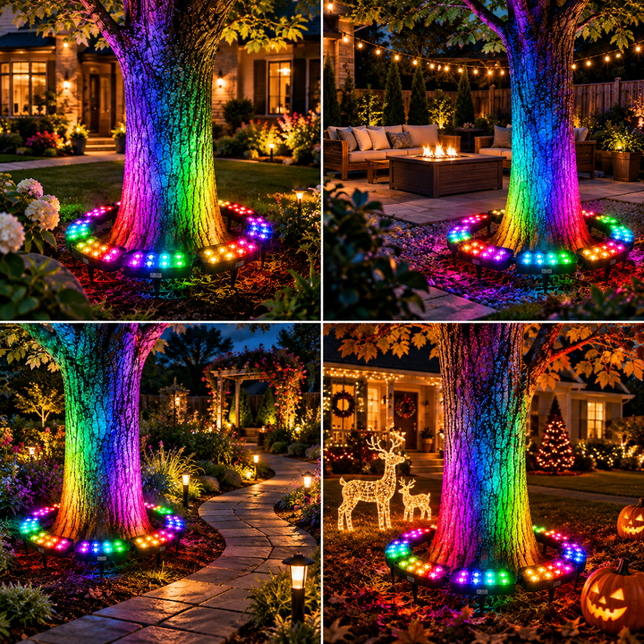 💜💙💚 Un arbre. Des couleurs infinies. – Anneau lumineux solaire RGB pour jardin
