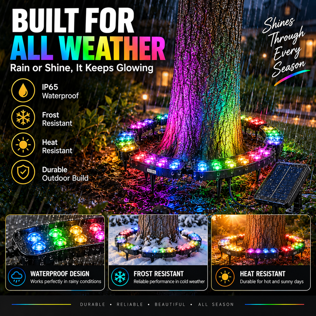 💜💙💚 Un arbre. Des couleurs infinies. – Anneau lumineux solaire RGB pour jardin