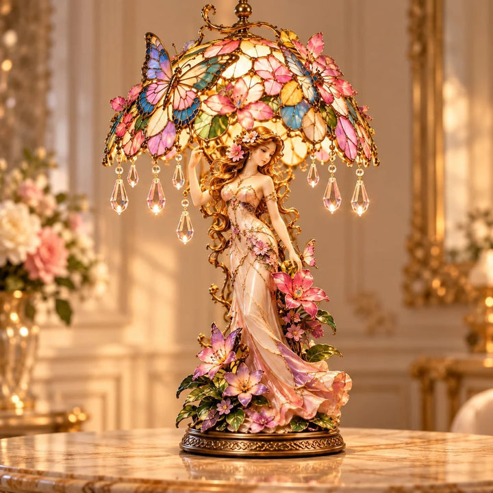 Lampe « Dame au jardin enchanté de papillons » – Sculpture florale lumineuse