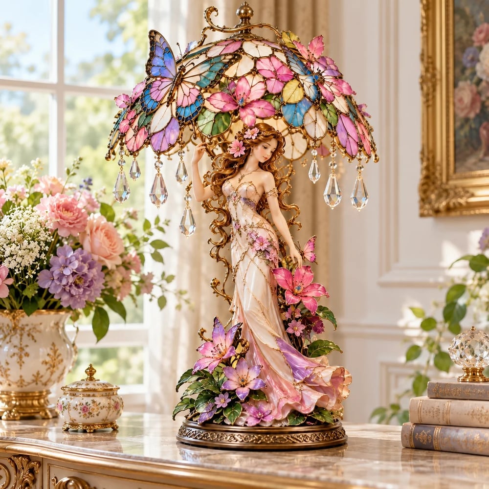 Lampe « Dame au jardin enchanté de papillons » – Sculpture florale lumineuse